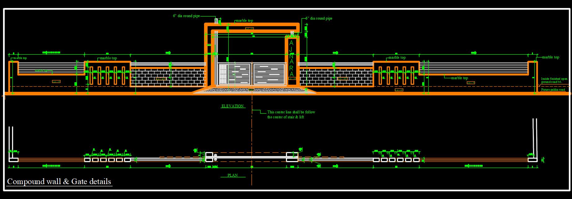 Compound Wall and Main Gate Design Details in AutoCAD